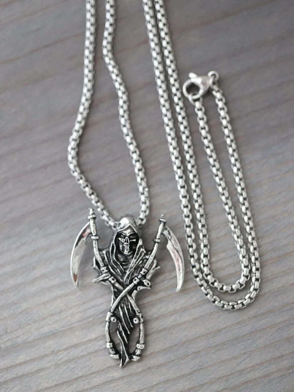 Grim Reaper Double Grapnel Gothic Style Pendant Necklace Silver Plated